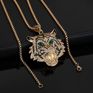 316L Stainless Steel <b>Iced</b> <b>Out</b> Tiger Pendant Necklace Gold Plated Rhinestone Hip Hop Cuban <b>Chain</b> Waterproof Tarnish-Free Jewelry - Product Image 4