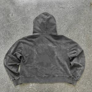 Sweat à capuche zippé oversize pour homme de haute qualité, 100% coton, avec détails rivets, effet délavé, logo imprimé, couleur unie, style vintage - Product Image 3