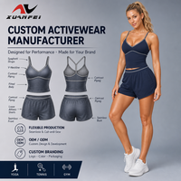 Ensemble de yoga avec logo personnalisé et bordure contrastante, débardeur col en V, short de sport ample, taille haute avec coutures et effet ventre plat, pour l'entraînement, OEM, Bleu marine