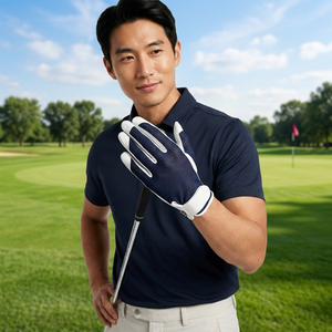 Gant de golf pour homme en cuir Cabretta, paume bleu marine, dos en maille respirant, léger, extensible, adhérence douce, antidérapant, fermeture auto-agrippante - Product Image 1