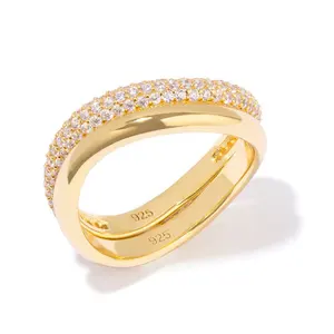 宝石925纯银结婚镀金白色钻石戒指和时尚波浪戒指套装