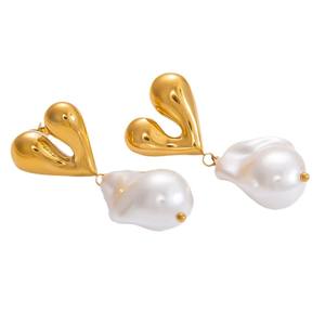 Pearl <b>Stud</b> Earrings 18K Gold Plated <b>Titanium</b> Steel Flower Heart Shape Everyday Wear Jewelry for Women - Product Image 5