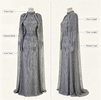Robe Abaya Maxi de Soirée Modeste pour Femme, Personnalisée OEM, Luxe, Gris Argenté, Entièrement Brodée de Paillettes et Perles, Manches Cape, Col Montant, Style Musulman