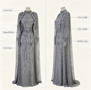 Custom OEM Women Luxury <strong>Silver</strong> Grey Full Sequin Pearl Beaded Cape Sleeve Stand Collar Modest Muslim Evening Maxi Abaya <strong>Dress</strong> - Product Image 3