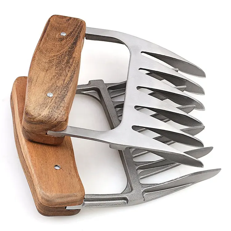 Stainless Steel Turkey Meat Claws 2 pcs Set Chicken Meat Forks Shredders Claws Wooden Handle BBQ Grill Tools