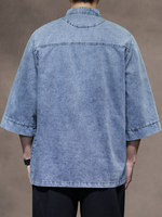 Nouveau LANBO C162 – Veste homme style chinois rétro en jean boutonnée, coupe ample grande taille, manches trois-quarts, respirante et délavée à l'acide