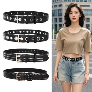 <span class=keywords><strong>Ceinture</strong></span> <span class=keywords><strong>en</strong></span> <span class=keywords><strong>cuir</strong></span> PU noir faite à la main à trois rangées Punk Rock Star avec boucle <span class=keywords><strong>en</strong></span> alliage cloutée <span class=keywords><strong>en</strong></span> pyramide nickelée <span class=keywords><strong>Ceinture</strong></span> <span class=keywords><strong>en</strong></span> <span class=keywords><strong>cuir</strong></span> décontractée Hip-Hop pour femmes - Product Image 2