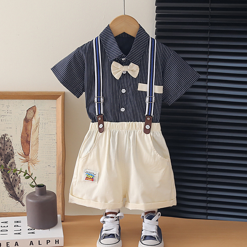 8435 Gentleman Bow Tie Striped Shoulder Strap Short Sleeve Suit Black