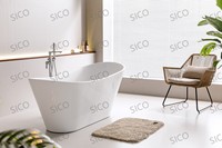 Baignoire autoportante moderne en acrylique avec fonction de trempage, drain intégré, forme ovale, haute qualité pour appartement et hôtel, capacité 50-59 gallons
