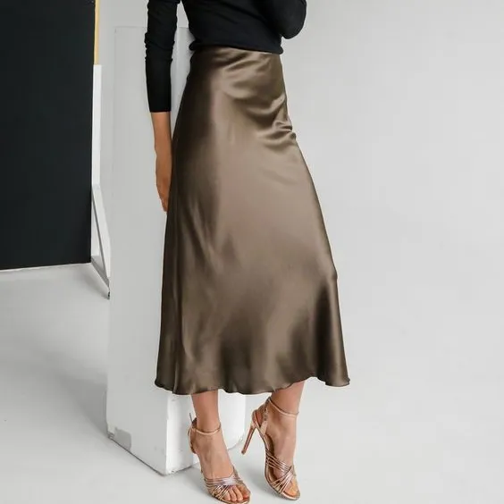 Women's Long Satin Skirt Midi Elegant High Waist Green Summer Office A-line Solid Vintage Silk Purple Skirt for Women