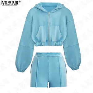 Custom LOGO Hoodies Shorts Set 2 Piece Short Set Women Acid Wash Zip Up Hoodie Jacket Street Wear Crop Top