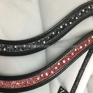 Banda de cuero genuino hecho a mano para cejas de caballo, con incrustaciones de cristal brillante, banda para cejas de caballo completamente cosida, color negro, precio al por mayor - Product Image 1