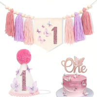 Bannière en perles de bois bohème mignonne avec un motif de papillon violet et de couronne pour les décorations de fête de 1er/2e anniversaire ou de Noël