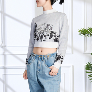 Pull-over à manches longues en coton 100% GOTS de haute qualité, col rond, tricot décontracté pour femmes, haut court à fleurs - Product Image 2