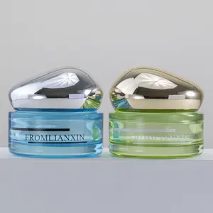 Empty Custom skin care Glass Cosmetic jar 30g 50g Premium Green Blue cream jar Stone lid