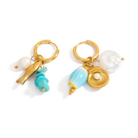 Boucles d'oreilles en acier inoxydable, style océan, pierres naturelles colorées, branche de corail et coquillage, clous d'oreilles plaqués or frais