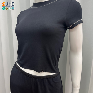Ensemble de détente 2 pièces SUHE pour femme en soie modale, haut à manches courtes et pantalon large, noir uni, vêtements de nuit décontractés, taille élastique, confortable - Product Image 6