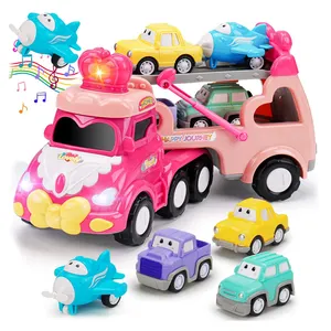 5 in 1 taşıma oyuncak kamyon ışıkları ile bebekler için müzik pembe prenses oyuncak arabalar kızlar için taşıyıcı kamyon araç küçük yürümeye başlayan