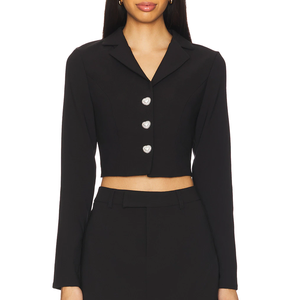 <span class=keywords><strong>Manteau</strong></span> de costume professionnel noir pour femme, coupe courte, avec boutons en forme de cœur ornés de strass et de perles, col à revers cranté, manches longues, tendance - Product Image 1