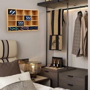 Support de ceinture mural en bambou à 16 compartiments, organisateur de cravates et nœuds papillon, boîte de rangement en bois pour hommes - Product Image 6
