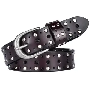 2024 new ladies leather belt cowhide pin buckle belt female rivets decorative trouser belt