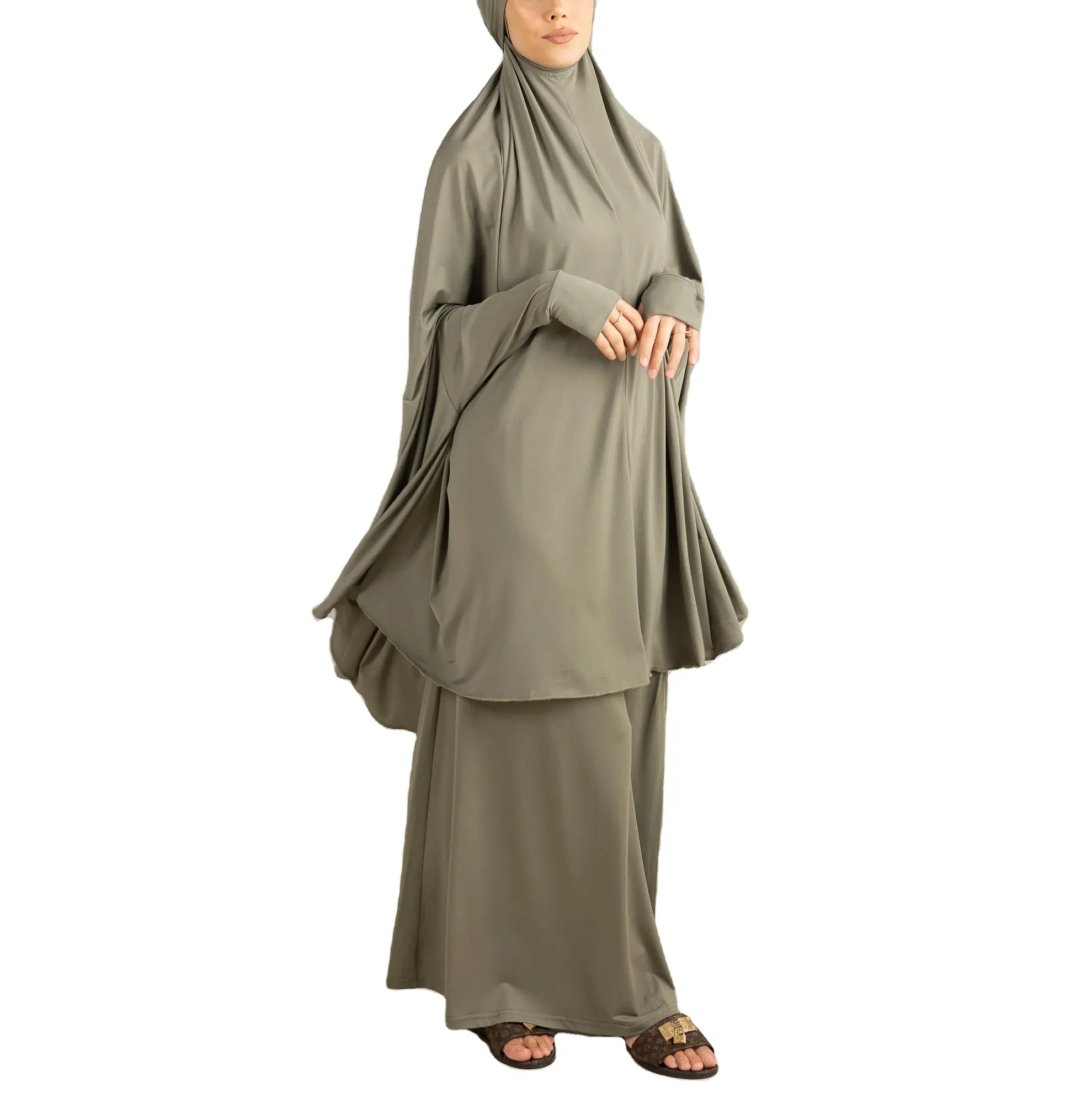 Layered Khimar Hijab Scarf Dress Set Jazz Crepe Muslim Women Headscarf Prayer Garment Tie Back Jilbab Hijab Abaya Islam Clothing