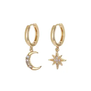 New 2020 Hot Selling Korean Jewelry Gold Plated Star Moon Pendant Charms Small Cute Hoop Dangling Earrings Women Bridal Earring