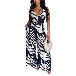 แฟชั่นฤดูร้อน เสื้อคอวีพิมพ์ลายเซ็กซี่ กางเกงขายาวทรงกว้าง ชุดเซ็ตสองชิ้น แฟชั่น - Product Image 3