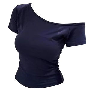 100% Cotton <strong>Navy</strong> Blue Off Shoulder Short Sleeve Ribbed T Shirt <strong>Women</strong> Slim Fit Body Summer <strong>Top</strong> Female Sexy Basic Tees - Product Image 6