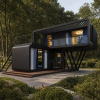 Maison mobile en acier avec aménagement modulaire flexible, grandes portes vitrées et terrasses à plusieurs niveaux