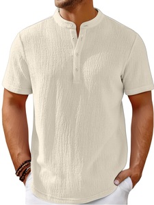 Camicia Casual da Uomo a Maniche Corte Henley a Righe in Poliestere Stile Retrò Senza Stiratura, Novità 2025 per il Commercio Transfrontaliero su Wish - Product Image 2