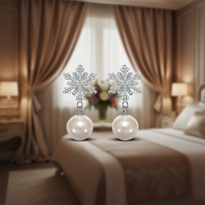 Orecchini pendenti a fiocco di neve in oro bianco E2477 con perla coltivata rotonda AAA per matrimonio, stile classico da donna - Product Image 2