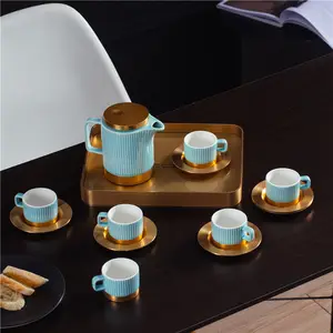 High quality gold lid color porcelain drinkware coffee pot 6pcs ceramic cup and saucer luxury gift sets tea and coffee set