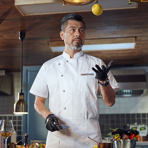 Su misura High-End estivo a maniche corte <span class=keywords><strong>da</strong></span> <span class=keywords><strong>lavoro</strong></span> <span class=keywords><strong>da</strong></span> Chef in cucina traspirante uniforme <span class=keywords><strong>da</strong></span> cucina per l'applicazione di ristoranti <span class=keywords><strong>Bar</strong></span> Hotel - Product Image 1