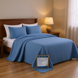 DB Reversible <b>Bedspread</b> <b>Set</b> Blue King Size Cotton Quilted Plain Pattern Bedroom Coverlet - Product Image 2