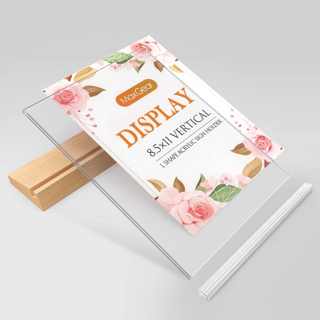 PLS A5/A6 L-Shaped Clear Acrylic Frame UV Printed Eco-Friendly Promotional Hanging/Scrolling Display Stand Wood Base Wedding