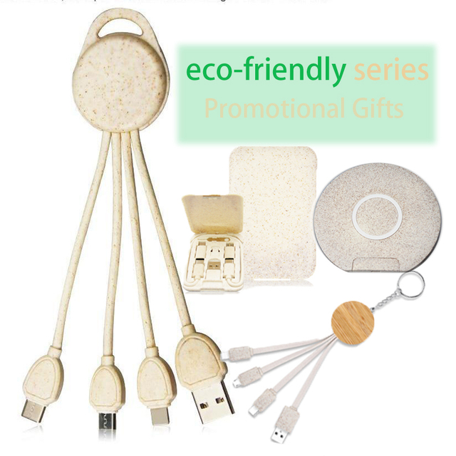 Promotional Biodegradable 3-in-1 Fast Charging Data Cable 60cm 80cm Micro USB Type C Wheat Straw Design TPE for Mobile Phones