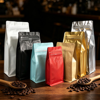 Sachet de café à fond plat de qualité alimentaire en gros avec fermeture éclair et valve de dégazage, sac à grains de café en aluminium imprimé sur mesure