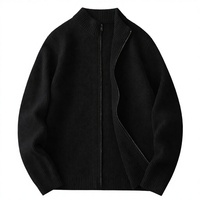 Cardigan Homme Automne & Hiver, Noir, Tricot Côtelé, Col Montant Zippé, Coupe Slim, Polyvalent et Chaud