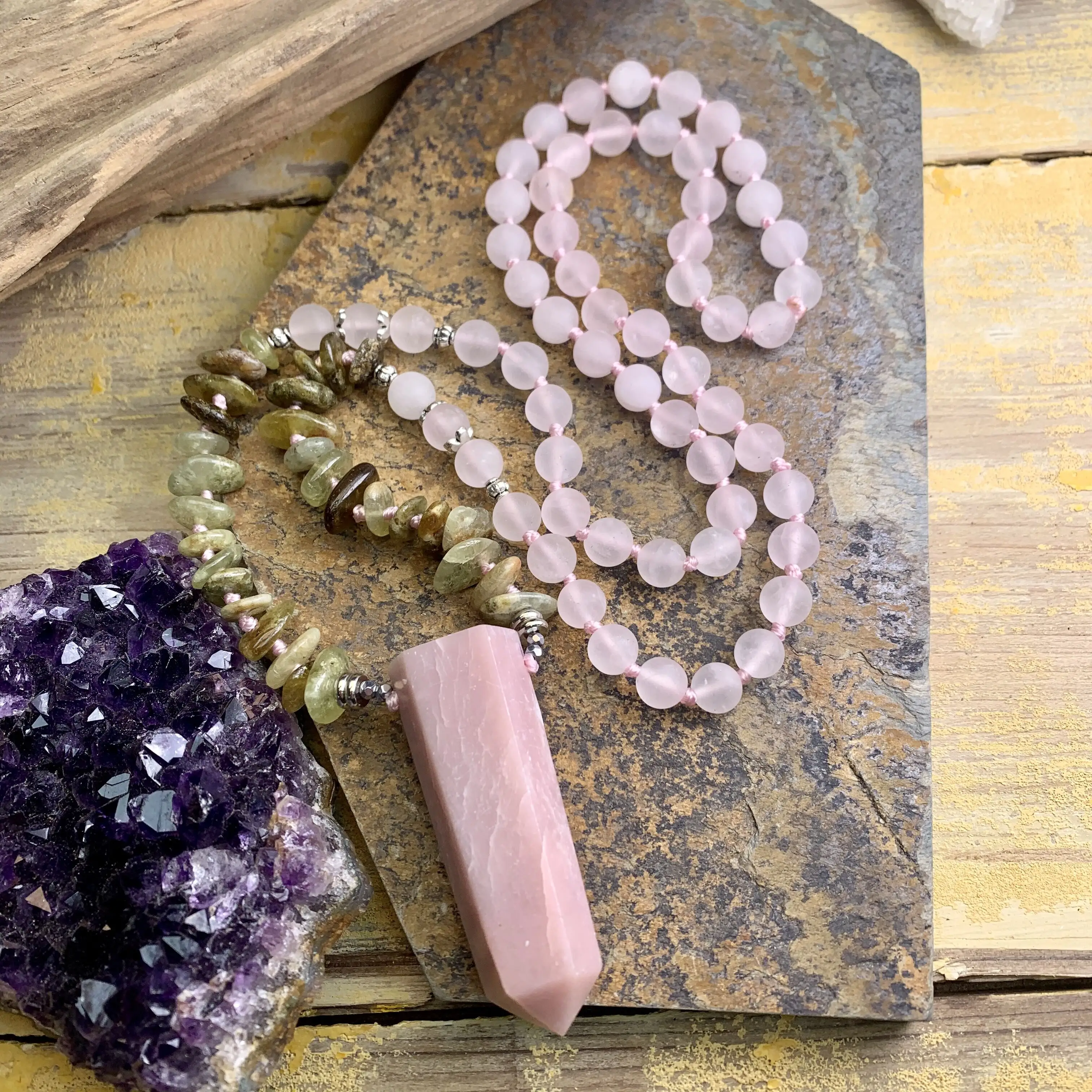 LS-B2946-collar de cuarzo rosa con gema natural, colgante de punto de ópalo rosa, Estilo vintage, para regalo