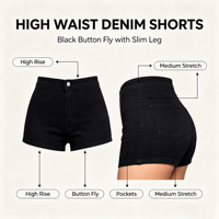 Shorts en jean taille haute pour femme, effet push-up, sans poches, en denim extensible, vente en gros