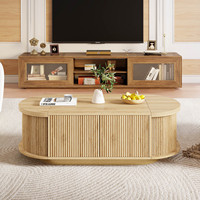 Table basse ovale en bois avec plateau relevable et grand espace de rangement, design moderne et luxueux pour salon