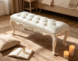 Luxury White Tufted Wood <b>Bed</b> Bench French Rococo Carved <b>End</b> of <b>Bed</b> Bench with Gold Trim Multi-Purpose Bedroom Furniture - Product Image 4