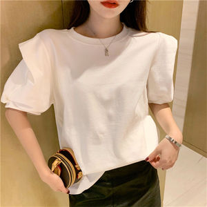 T-shirt Estiva Casual Elegante Vintage con Maniche a Sbuffo Traspirante Alta Elasticità Bianco Nero Manica Corta Abbigliamento Donna - Product Image 4