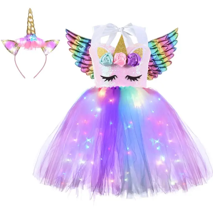 Princess Girls Unicorn TUTU Dress Children Cartoon LED Glowing Wings Headband Stage Costume Girl Party Dresses
