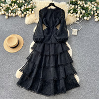Robe longue décontractée élégante pour femme WIWT, broderie en dentelle, coupe trapèze, manches bouffantes 3/4, ajourée, à volants, pour le quotidien, les vacances et les soirées