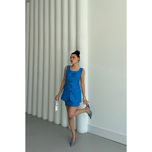 Ensemble veste en lin jacquard et jupe courte au-dessus du genou bleu - Ensemble 2 pièces pour femme taille XS avec un design élégant - Product Image 3