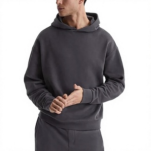 Men's Dark Gray Hooded Tracksuit Sweatshirt Solid Color Full Sleeve Casual Breathable 100% Cotton Midweight Autumn Wear - Product Image 1
