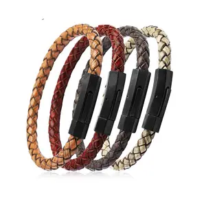 High Quality 316L Stainless Steel Clasp Vintage Real Genuine Leather Bracelet Bangle For Men