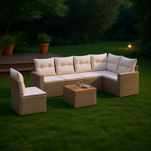 Conjunto de Sofás Modulares de Jardín en Poliratán Beige, Muebles de Exterior Cómodos, Diseño Moderno, Cojines de Espuma de Alta Densidad - Product Image 2